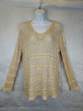 Funsport Crochet Lace Tunic Top Womens L Sequin Cream Romantic Boho Fairy Hippie